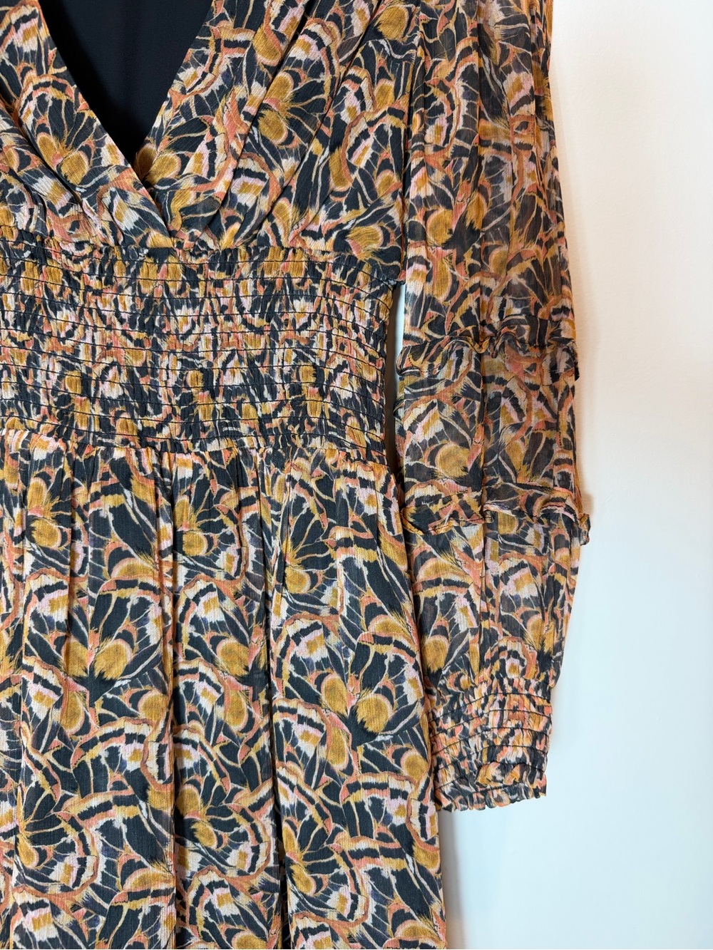 Shoshanna Smocked Waist Black/Brown Floral V-Neck Dress Long Sleeve Size 8 - Picture 3 of 10